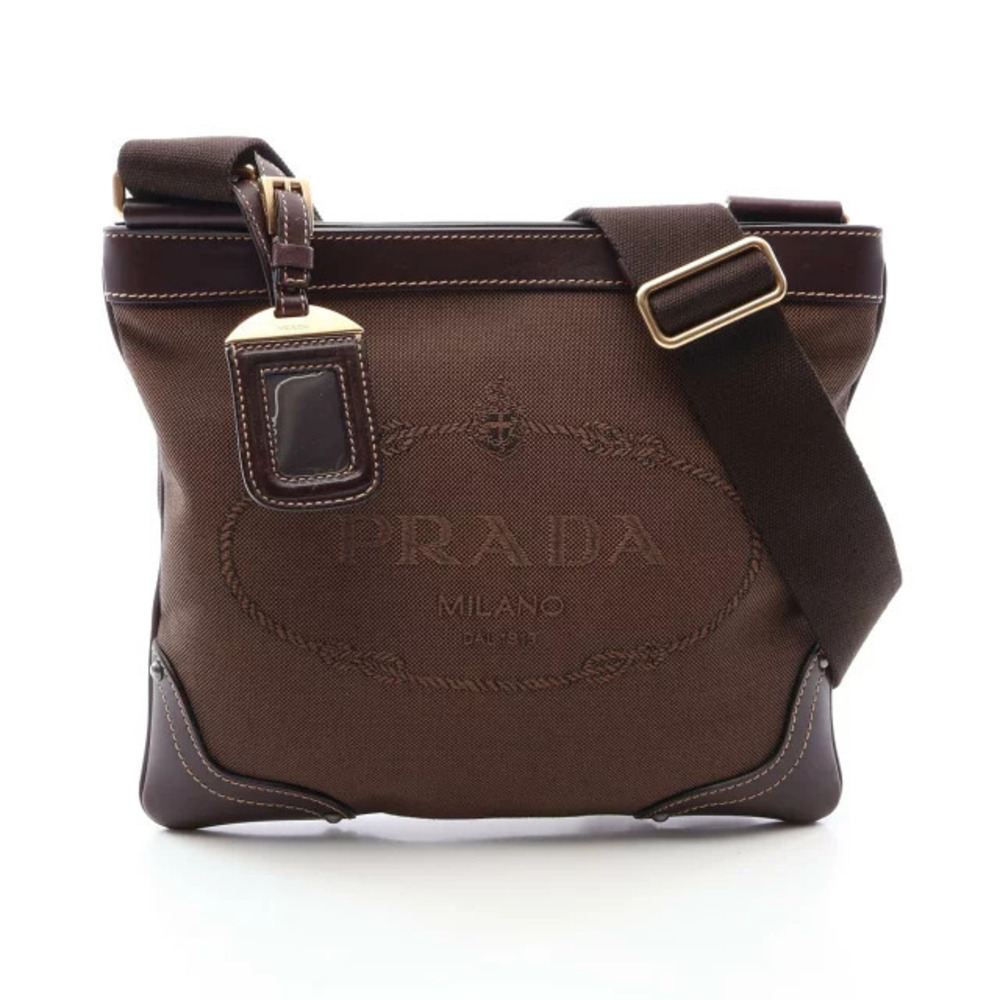 Prada JACQUARD Shoulder Bag Canvas Leather Brown